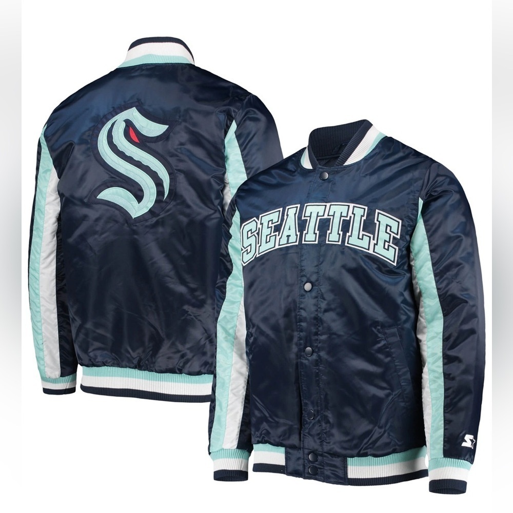 Seattle Kraken Starter Mens Navy The Ace Satin Varsity Jacket Snap Front L NWT